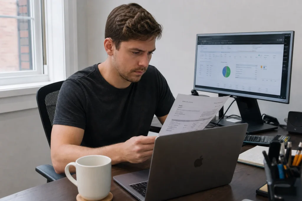 Person som läser ett dokument vid sitt skrivbord med laptop och digitala verktyg för företag öppna på skärmen.