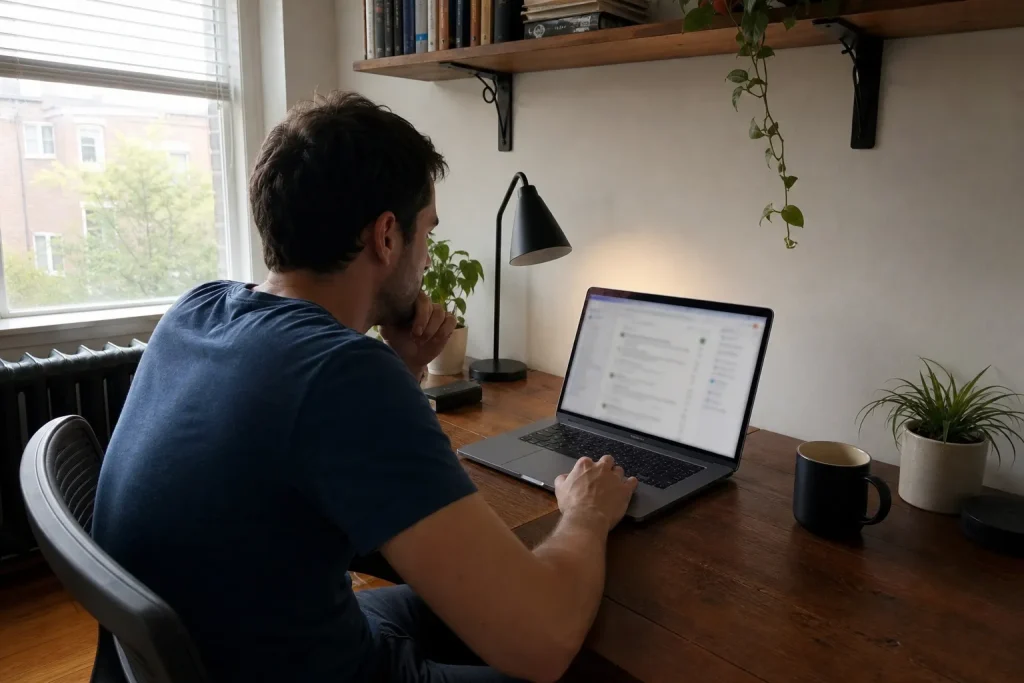 Person som arbetar med sökmotoroptimering vid sitt skrivbord hemma