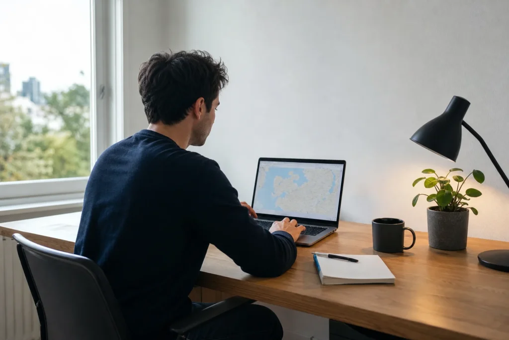 Person sitter vid ett skrivbord och arbetar på en laptop i samband med Mockbergs expansion och omsättning på 150 miljoner.