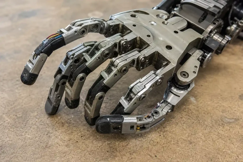 Mekanisk robothand med böjda fingrar fotograferad i ett verkstadsmiljö, relaterad till Agility Robotics plans to go public...