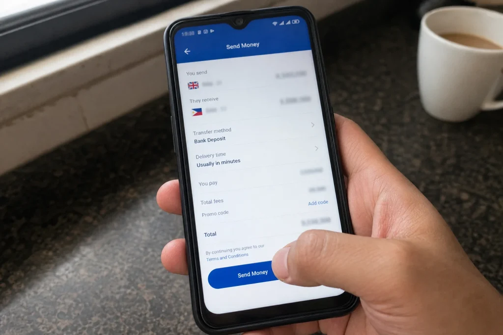 En hand håller en telefon och trycker på skicka-knappen i en betalapp, från artikeln Fintech-stjärnorna som lyfter miljoner.