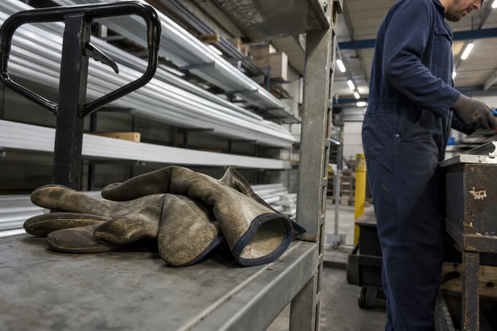 Arbetshandskar på metallhylla i fabrikshall, relaterat till Teslakonflikten IF Metall