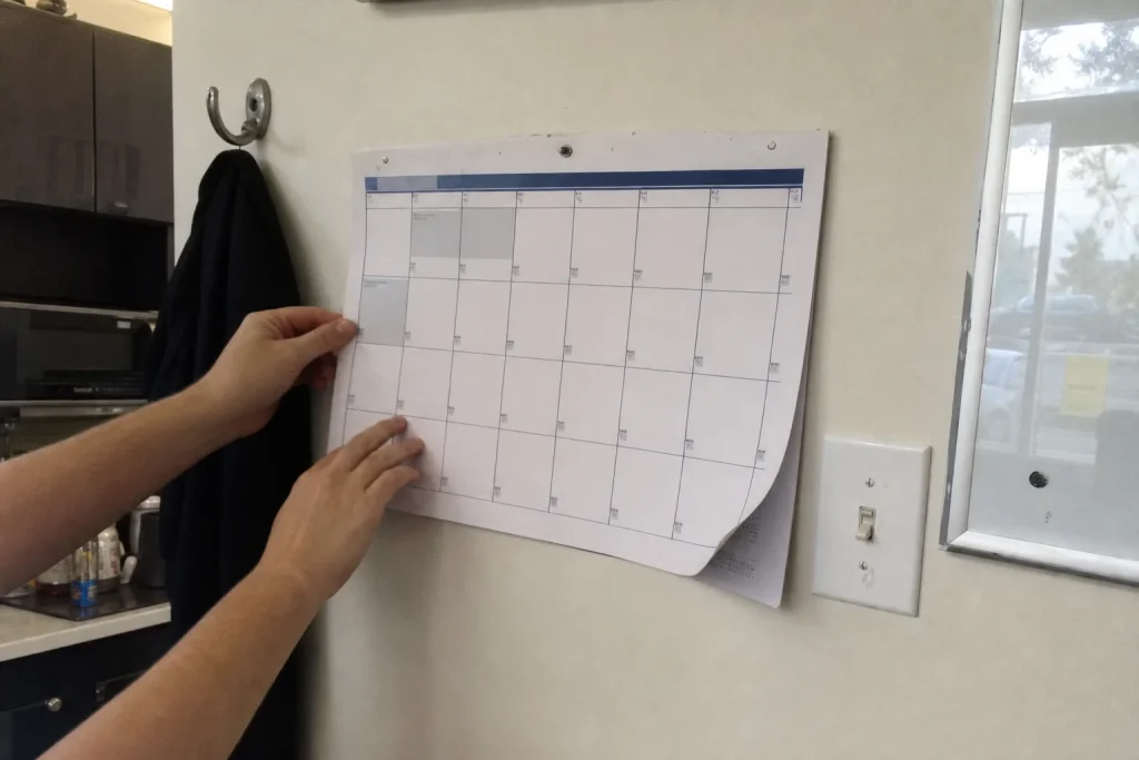 Ett par händer justerar en väggkalender i ett pausrum, med en vecka som har färre arbetsdagar markerad.