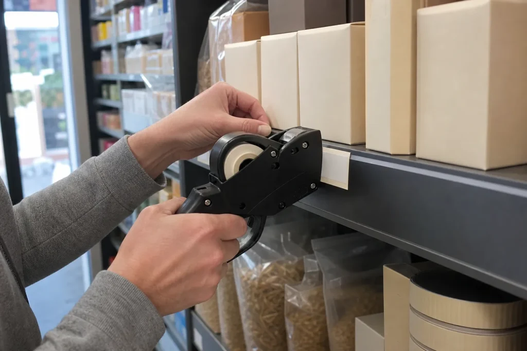 En hand justerar en prisetikettpistol vid en hylla i affären, kopplat till artikeln Alla var arga på dem nu rullar miljone...