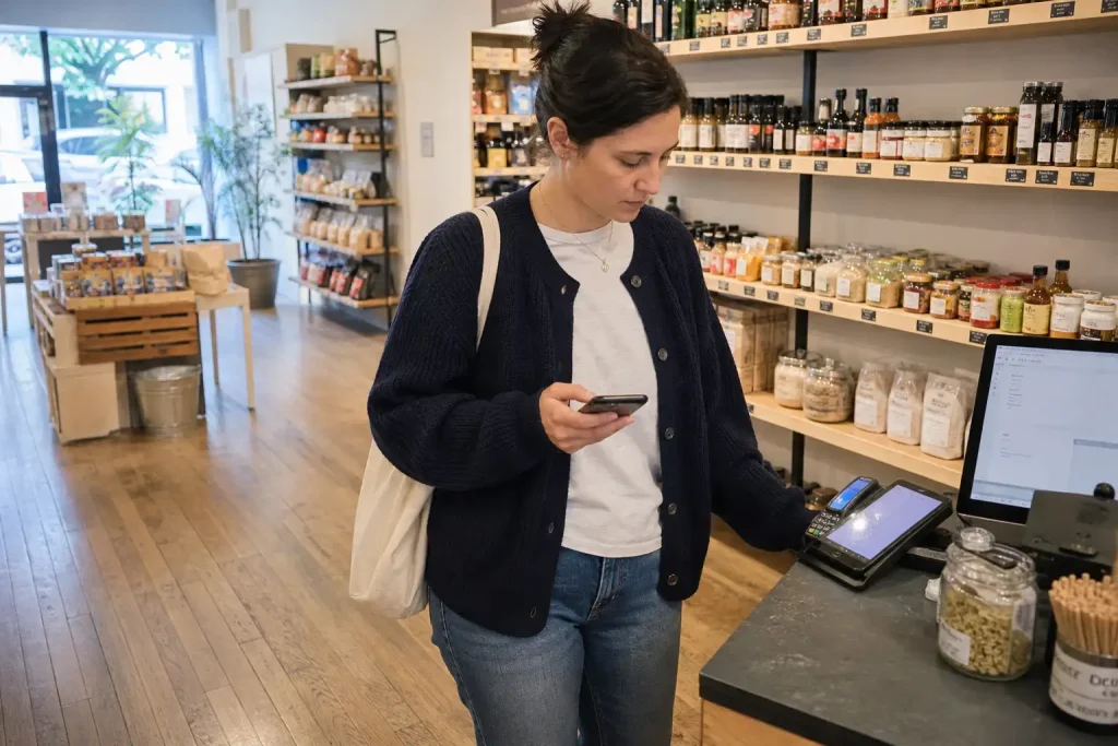 En person i en butik tittar ner på en kortterminal vid disken. Alla var arga på dem, nu rullar miljonerna in för Bokadirekt.