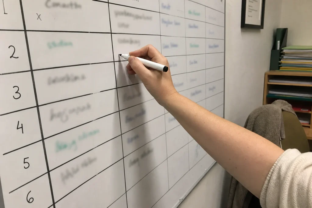 En hand skriver på whiteboardschema i personalrum, apropå lärartäthet ny lag i skolan.