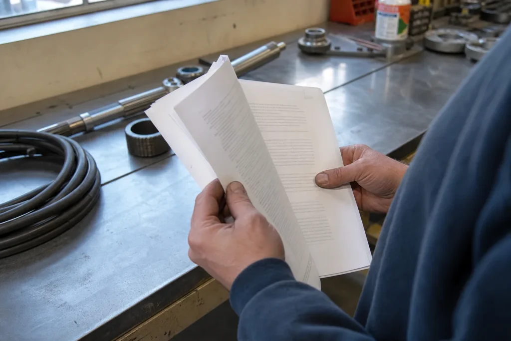 Ett par händer bläddrar i utskrivet kollektivavtal vid en verkstadsbänk, relaterat till IF Metall Tesla konflikt.