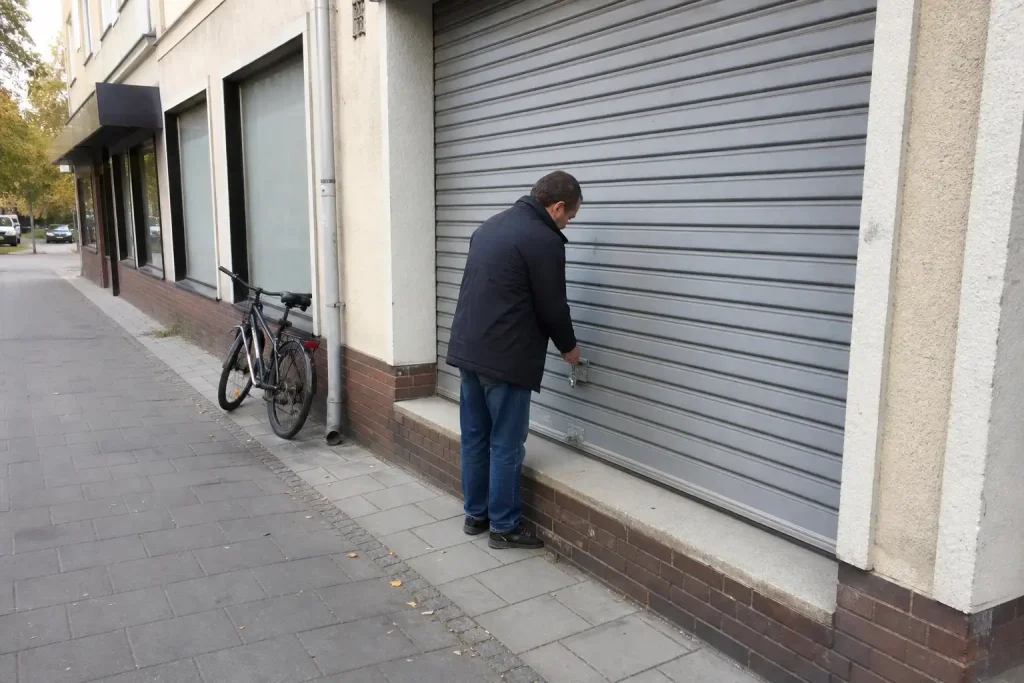 Person låser en rullportsdörr utanför en butik en eftermiddag, i samband med Teslakonflikten IF Metall.