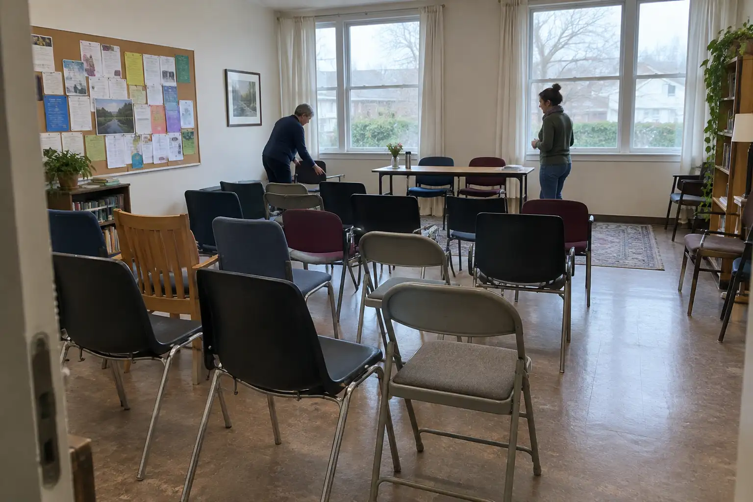 Enkel mötesrum för en ideell förening med uppradade stolar och två personer som förbereder inför möte.