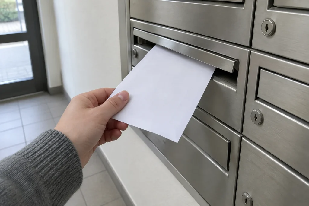 Hand drar ut ett vitt kuvert ur en brevlåda, missad faktura gick direkt till inkasso efter fyra dagar