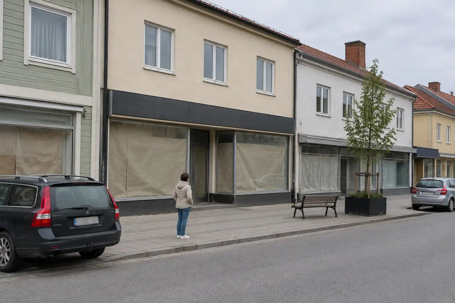 En person tittar upp mot ett tomt butikslokal på en småstadsgata, tänker kanske på Starta Eget kurs